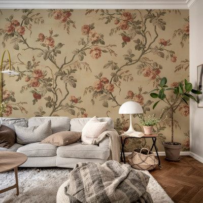 Tapet cu Ghirlande de Trandafiri Roșii într-un living elegant