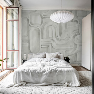 Fototapet abstract gri cu design modern în dormitor