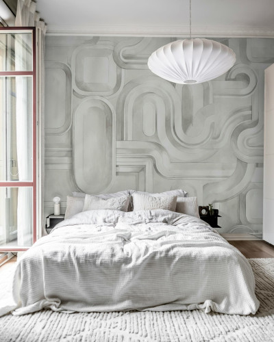Fototapet abstract gri cu design modern în dormitor