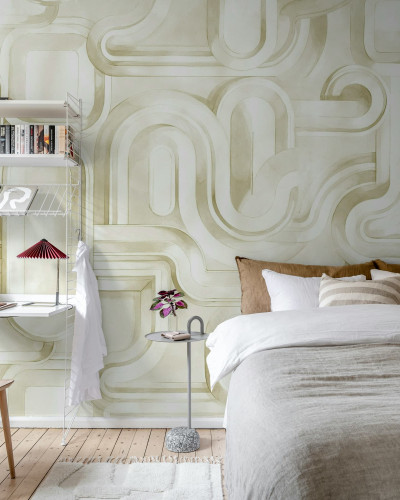 Tapet cu design abstract bej într-un dormitor modern