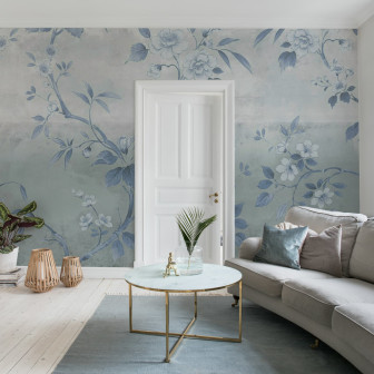 Fototapet floral albastru cu efect de beton într-un living modern