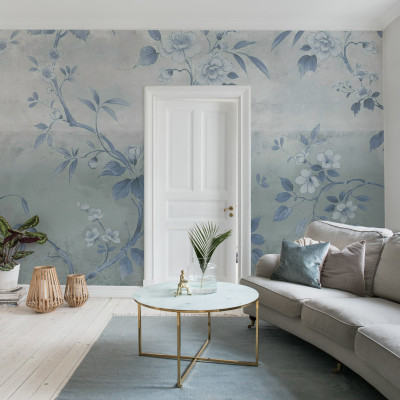 Fototapet floral albastru cu efect de beton într-un living modern