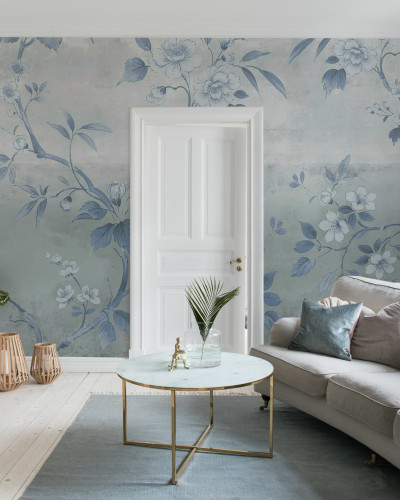 Fototapet floral albastru cu efect de beton într-un living modern