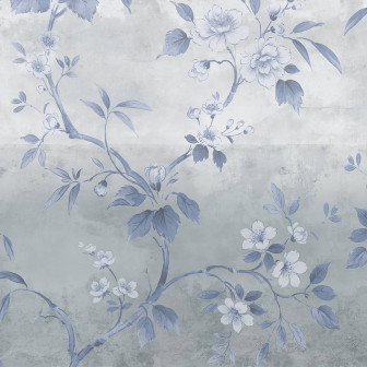 Fototapet floral albastru cu efect de beton într-un living modern