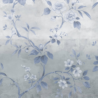 Fototapet floral albastru cu efect de beton într-un living modern