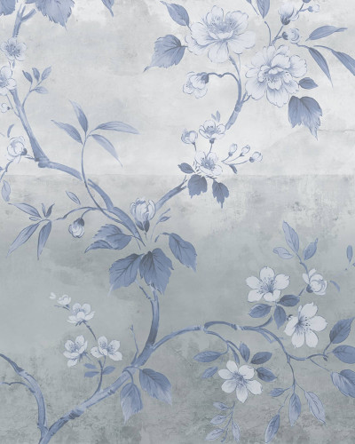 Fototapet floral albastru cu efect de beton într-un living modern