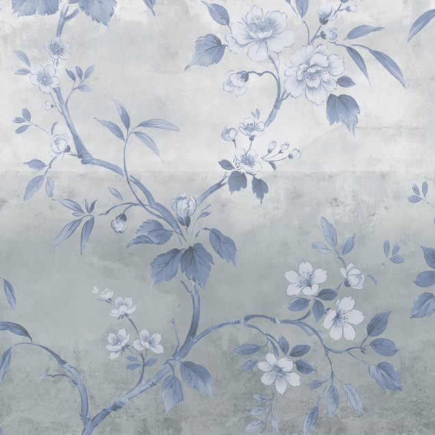 Fototapet floral albastru cu efect de beton într-un living modern