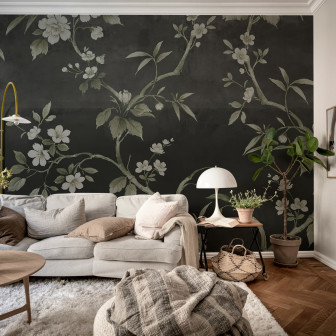 Fototapet floral negru in living