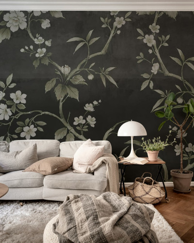Fototapet floral negru in living