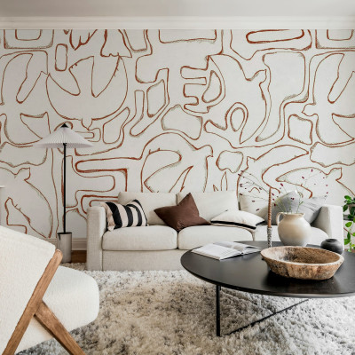 Tapet abstract roșu într-un living modern