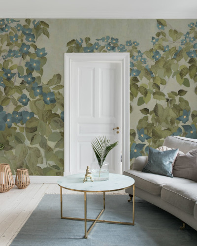 Tapet floral albastru cu design delicat