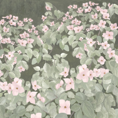 Fototapet floral roz într-un dormitor luminos