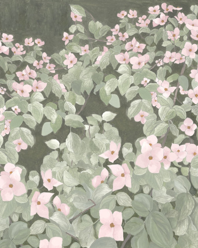 Fototapet floral roz într-un dormitor luminos