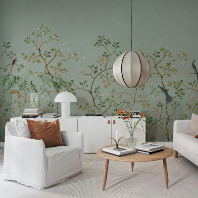 Fototapet cu model floral și păsări &icirc;n living