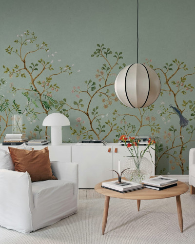 Fototapet cu model floral și păsări &icirc;n living