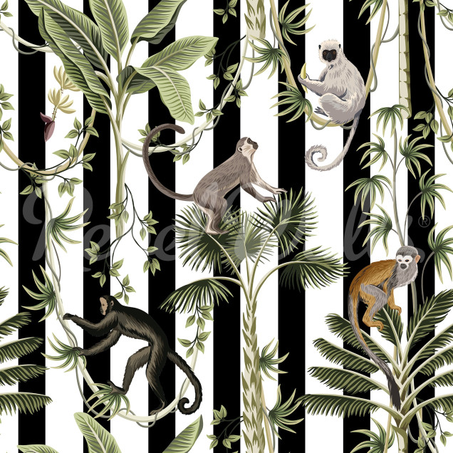 Tapet cu dungi și model cu maimuțe într-o sufragerie