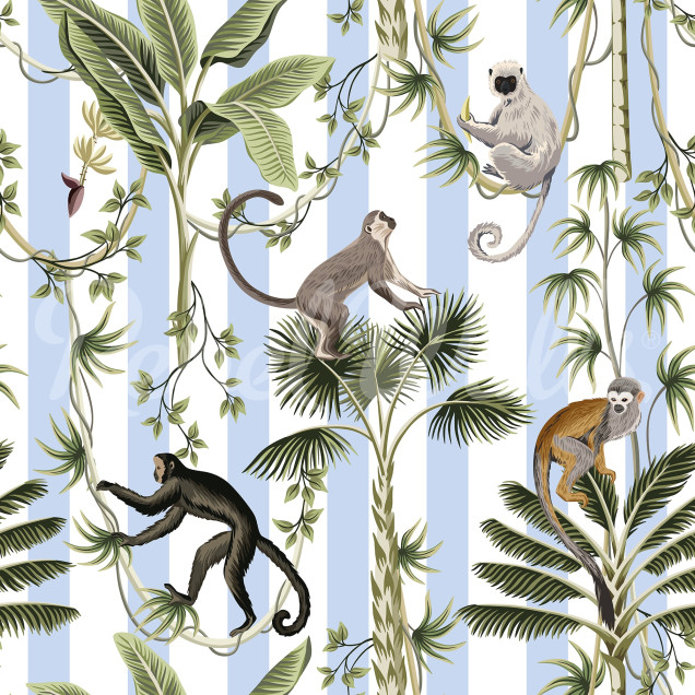 Tapet cu dungi albastre și maimuțe într-un decor de dormitor