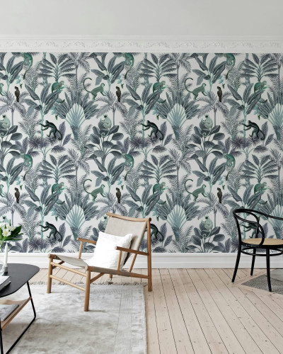 Tapet tropical cu maimuțe într-un interior modern