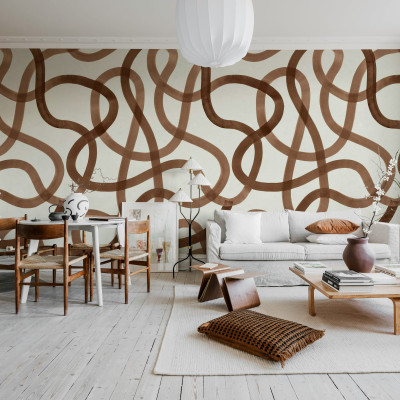 Tapet cu model abstract mocha într-un living modern