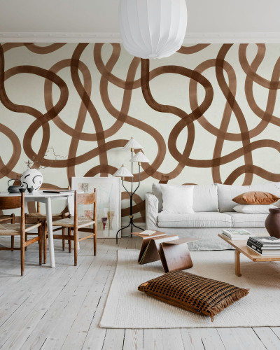Tapet cu model abstract mocha într-un living modern