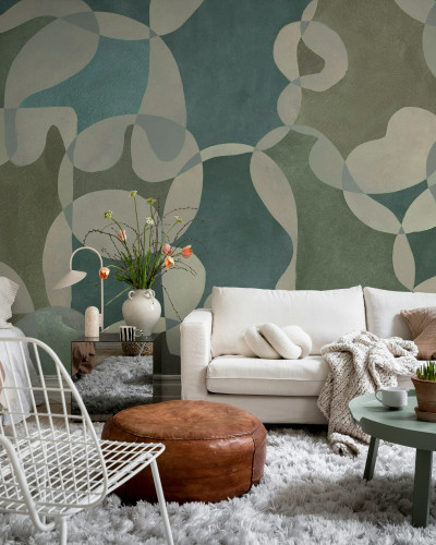 Fototapet cu design retro și forme suprapuse într-un living modern.
