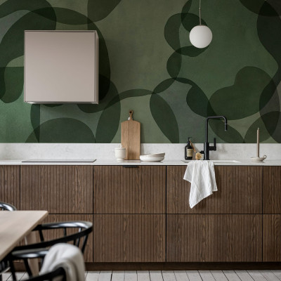 Fototapet verde cu design abstract de forme suprapuse