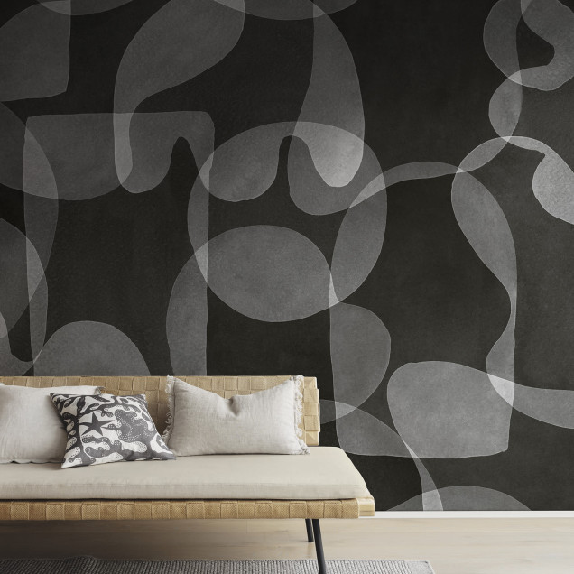 Fototapet abstract cu cercuri suprapuse într-un dormitor modern