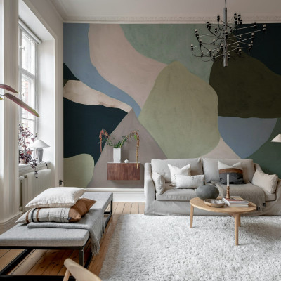 Fototapet abstract în nuanțe de roz și albastru, design modern