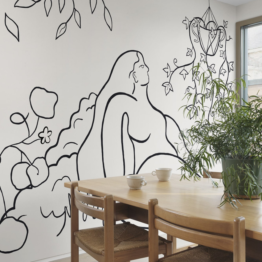 Tapet decorativ cu linii fluide și model artistic în dormitor