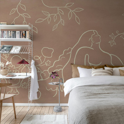 Tapet decorativ cu linii fluide și model artistic în dormitor