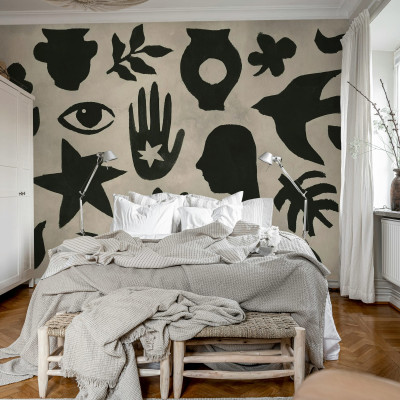 Fototapet bej cu simboluri negre, decor modern
