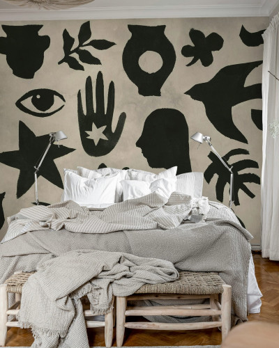 Fototapet bej cu simboluri negre, decor modern