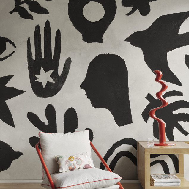 Fototapet bej cu simboluri negre, decor modern