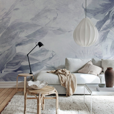 Fototapet floral albastru într-un living modern