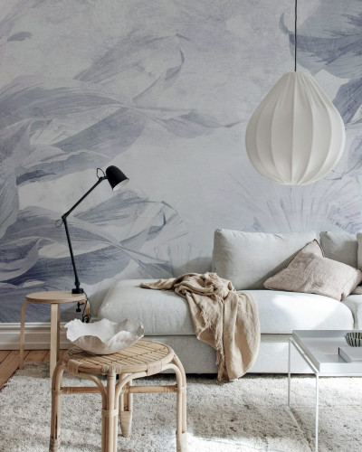 Fototapet floral albastru într-un living modern