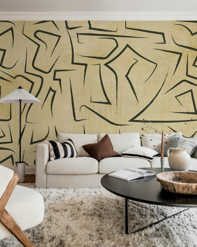 Tapet bej cu linii artistice într-un living modern