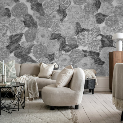 Tapet floral alb-negru în design interior modern