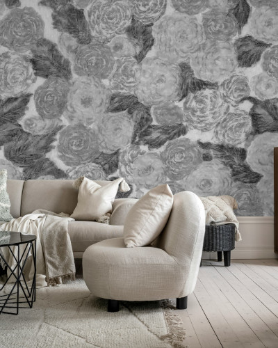 Tapet floral alb-negru în design interior modern