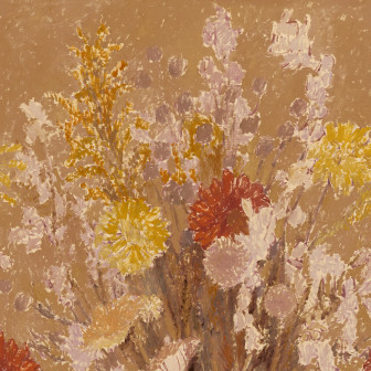 Tapet floral artistic cu flori galbene și roșii într-un dormitor