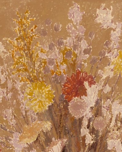 Tapet floral artistic cu flori galbene și roșii într-un dormitor