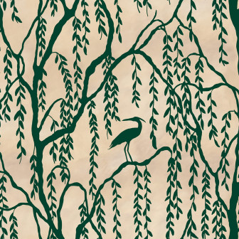 Tapet cu design copaci și păsări verzi pe fundal bej
