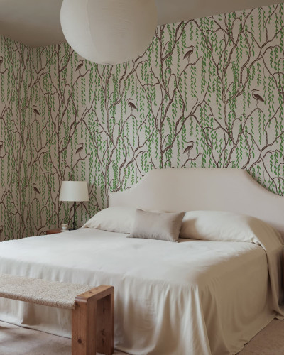 Tapet bej cu model de copaci Droptree într-un dormitor elegant