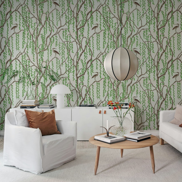 Tapet bej cu model de copaci Droptree într-un dormitor elegant