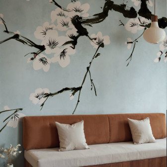 Tapet floral cu flori albe pe fundal albastru