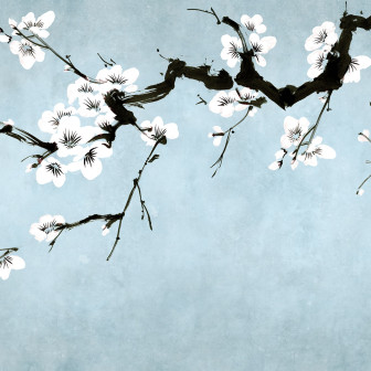 Tapet floral cu flori albe pe fundal albastru