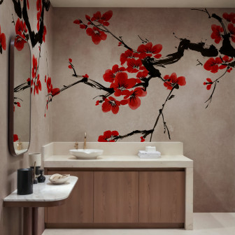 Fototapet cu flori roșii într-o baie elegantă