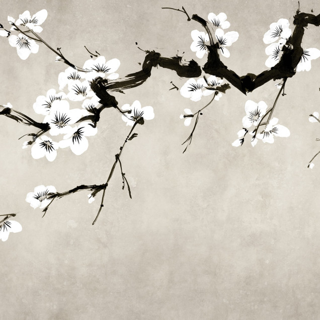 Fototapet floral cu ramuri de cireș înflorite, Blush of Spring, White