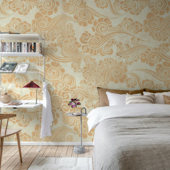 Tapet cu model de nori galbeni într-un dormitor elegant