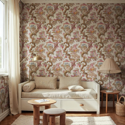 Tapet bej cu design floral exotic într-o cameră de zi elegantă