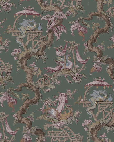 Tapet verde cu motiv floral elegant în living